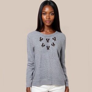 Max Jeans Queen Bee Pullover Long Sleeve Sequin Jeweled Bee Crewneck Top